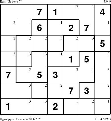 The grouppuzzles.com Easy Sudoku-7 puzzle for Tuesday July 14, 2026 with the first 3 steps marked