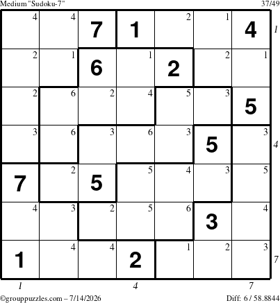 The grouppuzzles.com Medium Sudoku-7 puzzle for Tuesday July 14, 2026 with all 6 steps marked