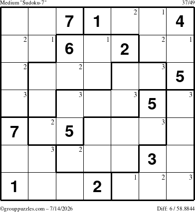 The grouppuzzles.com Medium Sudoku-7 puzzle for Tuesday July 14, 2026 with the first 3 steps marked
