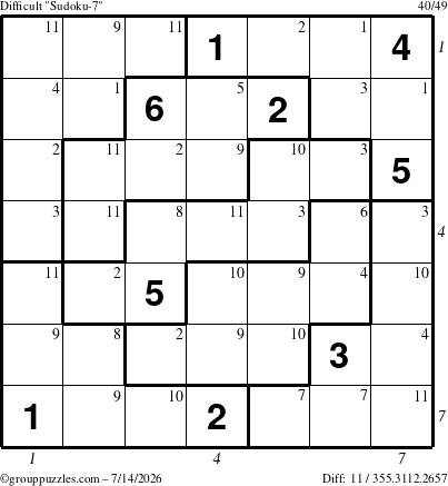 The grouppuzzles.com Difficult Sudoku-7 puzzle for Tuesday July 14, 2026 with all 11 steps marked