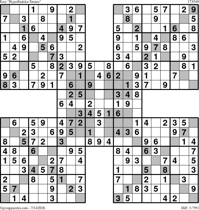 The grouppuzzles.com Easy HyperSudoku-Xtreme puzzle for Tuesday July 14, 2026