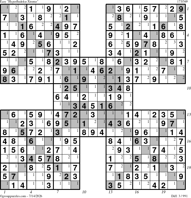 The grouppuzzles.com Easy HyperSudoku-Xtreme puzzle for Tuesday July 14, 2026 with all 3 steps marked