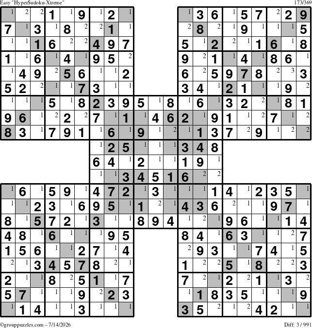 The grouppuzzles.com Easy HyperSudoku-Xtreme puzzle for Tuesday July 14, 2026 with the first 3 steps marked