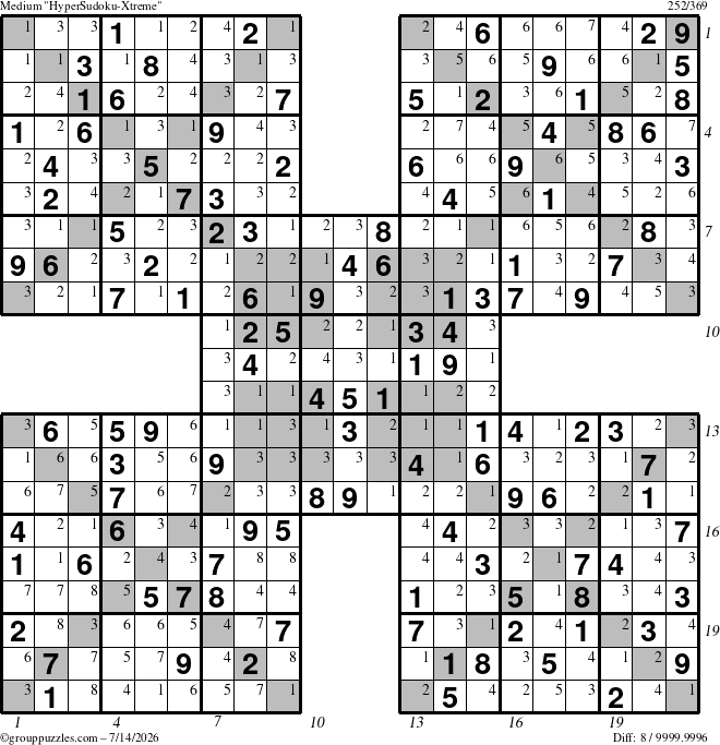 The grouppuzzles.com Medium HyperSudoku-Xtreme puzzle for Tuesday July 14, 2026 with all 8 steps marked