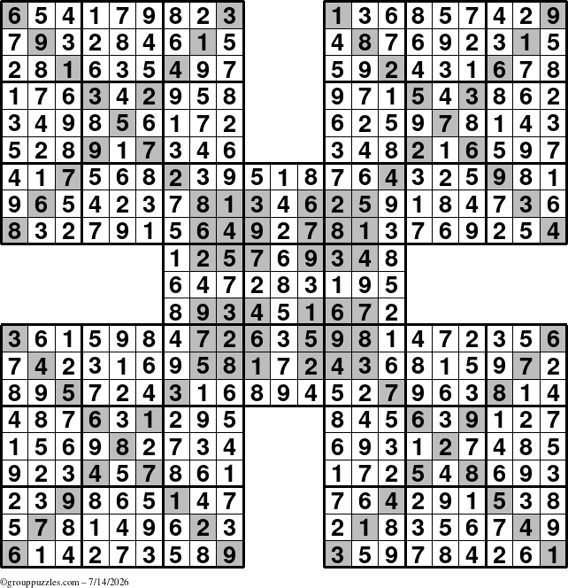 The grouppuzzles.com Answer grid for the HyperSudoku-Xtreme puzzle for Tuesday July 14, 2026