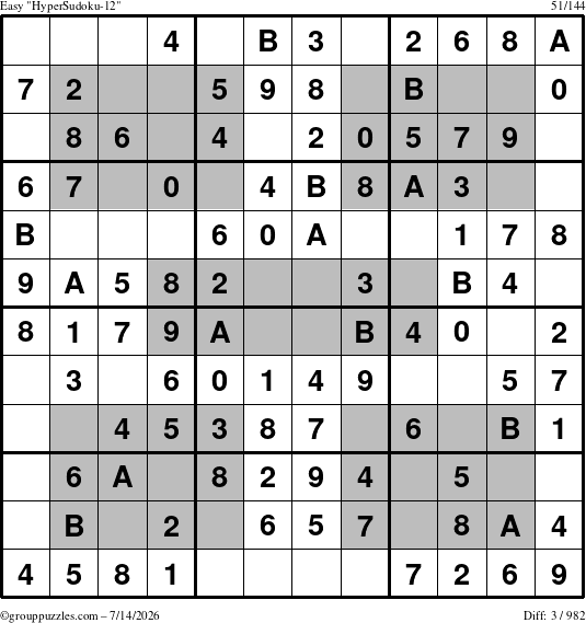 The grouppuzzles.com Easy HyperSudoku-12 puzzle for Tuesday July 14, 2026