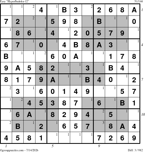 The grouppuzzles.com Easy HyperSudoku-12 puzzle for Tuesday July 14, 2026, suitable for printing, with all 3 steps marked