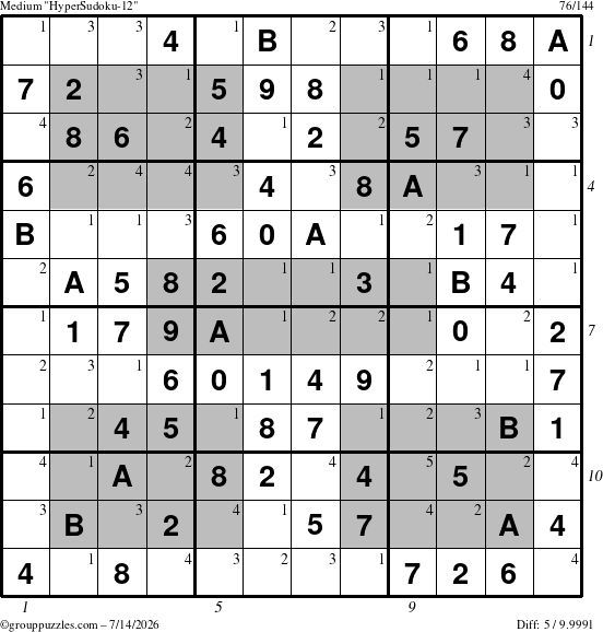 The grouppuzzles.com Medium HyperSudoku-12 puzzle for Tuesday July 14, 2026, suitable for printing, with all 5 steps marked