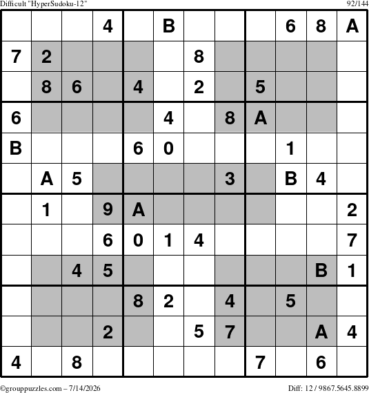 The grouppuzzles.com Difficult HyperSudoku-12 puzzle for Tuesday July 14, 2026