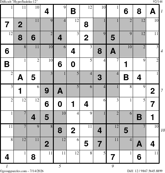 The grouppuzzles.com Difficult HyperSudoku-12 puzzle for Tuesday July 14, 2026 with all 12 steps marked