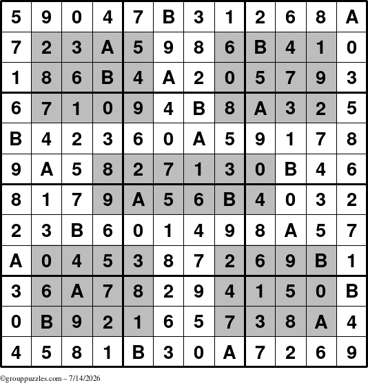 The grouppuzzles.com Answer grid for the HyperSudoku-12 puzzle for Tuesday July 14, 2026