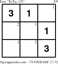 The grouppuzzles.com Easy TicTac-123 puzzle for Tuesday July 14, 2026 with the first 2 steps marked