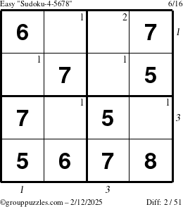 The grouppuzzles.com Easy Sudoku-4-5678 puzzle for Wednesday February 12, 2025 with all 2 steps marked