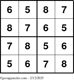 The grouppuzzles.com Answer grid for the Sudoku-4-5678 puzzle for Wednesday February 12, 2025