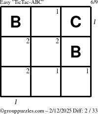 The grouppuzzles.com Easy TicTac-ABC puzzle for Wednesday February 12, 2025 with all 2 steps marked