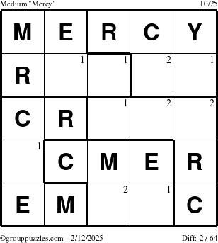 The grouppuzzles.com Medium Mercy puzzle for Wednesday February 12, 2025 with the first 2 steps marked