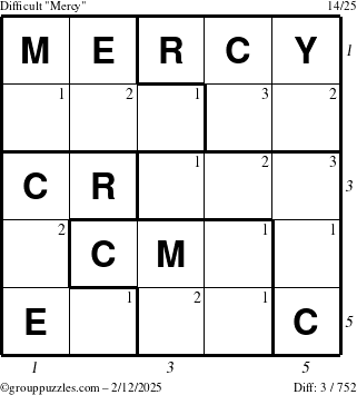 The grouppuzzles.com Difficult Mercy puzzle for Wednesday February 12, 2025, suitable for printing, with all 3 steps marked