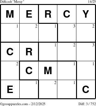 The grouppuzzles.com Difficult Mercy puzzle for Wednesday February 12, 2025 with the first 3 steps marked