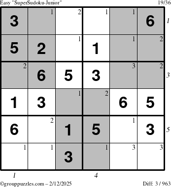 The grouppuzzles.com Easy SuperSudoku-Junior puzzle for Wednesday February 12, 2025 with all 3 steps marked