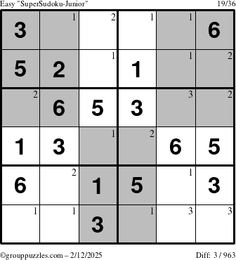 The grouppuzzles.com Easy SuperSudoku-Junior puzzle for Wednesday February 12, 2025 with the first 3 steps marked