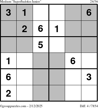 The grouppuzzles.com Medium SuperSudoku-Junior puzzle for Wednesday February 12, 2025