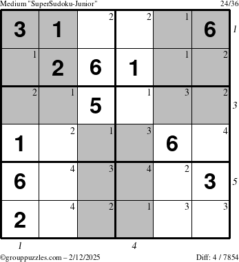 The grouppuzzles.com Medium SuperSudoku-Junior puzzle for Wednesday February 12, 2025 with all 4 steps marked