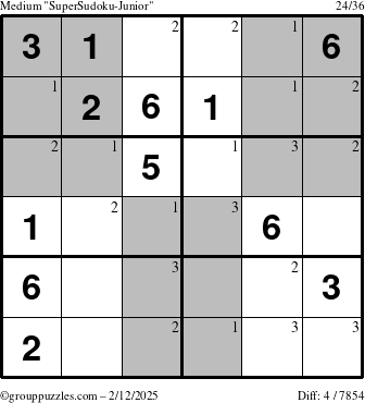 The grouppuzzles.com Medium SuperSudoku-Junior puzzle for Wednesday February 12, 2025 with the first 3 steps marked