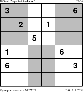 The grouppuzzles.com Difficult SuperSudoku-Junior puzzle for Wednesday February 12, 2025