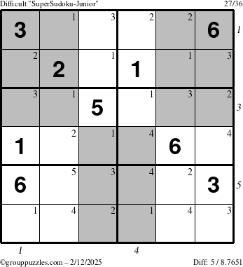 The grouppuzzles.com Difficult SuperSudoku-Junior puzzle for Wednesday February 12, 2025 with all 5 steps marked