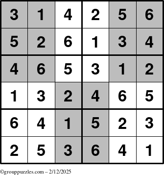 The grouppuzzles.com Answer grid for the SuperSudoku-Junior puzzle for Wednesday February 12, 2025