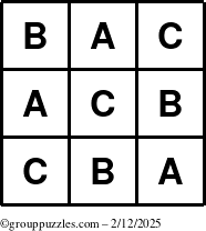 The grouppuzzles.com Answer grid for the TicTac-ABC puzzle for Wednesday February 12, 2025