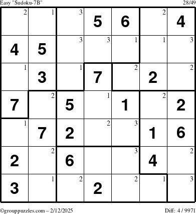 The grouppuzzles.com Easy Sudoku-7B puzzle for Wednesday February 12, 2025 with the first 3 steps marked