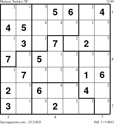 The grouppuzzles.com Medium Sudoku-7B puzzle for Wednesday February 12, 2025, suitable for printing, with all 5 steps marked