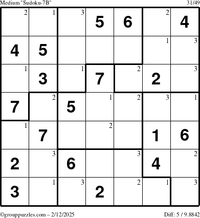 The grouppuzzles.com Medium Sudoku-7B puzzle for Wednesday February 12, 2025 with the first 3 steps marked