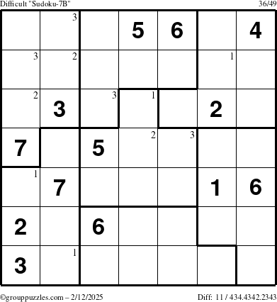 The grouppuzzles.com Difficult Sudoku-7B puzzle for Wednesday February 12, 2025 with the first 3 steps marked