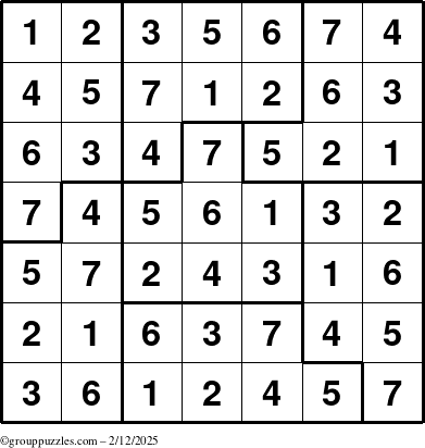 The grouppuzzles.com Answer grid for the Sudoku-7B puzzle for Wednesday February 12, 2025