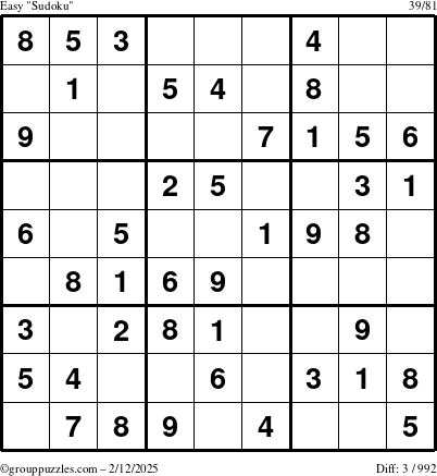 The grouppuzzles.com Easy Sudoku puzzle for Wednesday February 12, 2025