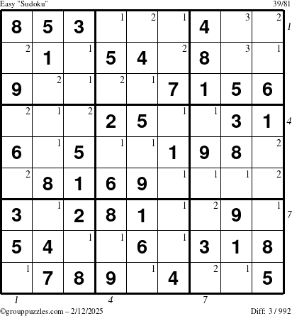 The grouppuzzles.com Easy Sudoku puzzle for Wednesday February 12, 2025 with all 3 steps marked