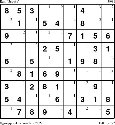 The grouppuzzles.com Easy Sudoku puzzle for Wednesday February 12, 2025 with the first 3 steps marked