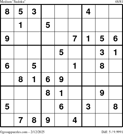 The grouppuzzles.com Medium Sudoku puzzle for Wednesday February 12, 2025