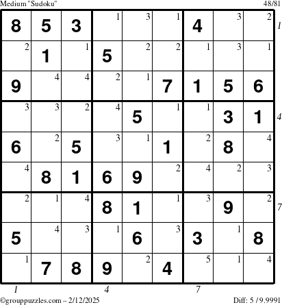 The grouppuzzles.com Medium Sudoku puzzle for Wednesday February 12, 2025 with all 5 steps marked