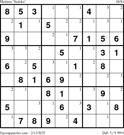 The grouppuzzles.com Medium Sudoku puzzle for Wednesday February 12, 2025 with the first 3 steps marked