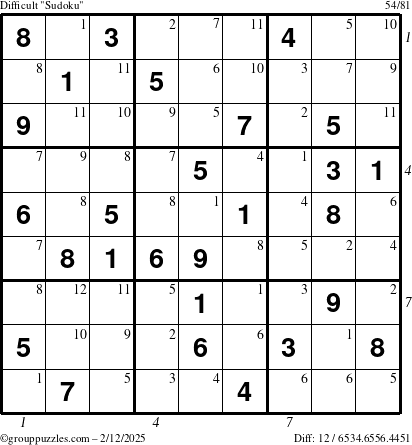 The grouppuzzles.com Difficult Sudoku puzzle for Wednesday February 12, 2025 with all 12 steps marked