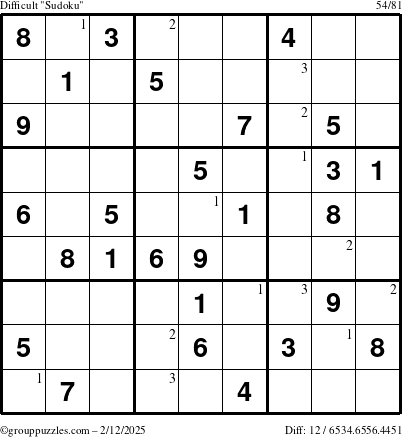 The grouppuzzles.com Difficult Sudoku puzzle for Wednesday February 12, 2025 with the first 3 steps marked