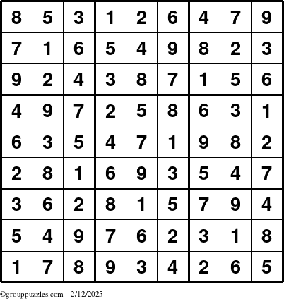 The grouppuzzles.com Answer grid for the Sudoku puzzle for Wednesday February 12, 2025