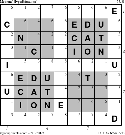 The grouppuzzles.com Medium HyperEducation-i23 puzzle for Wednesday February 12, 2025, suitable for printing, with all 8 steps marked