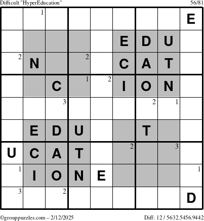 The grouppuzzles.com Difficult HyperEducation-i23 puzzle for Wednesday February 12, 2025 with the first 3 steps marked