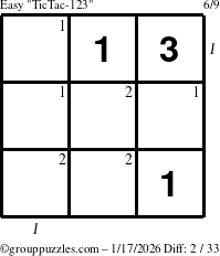 The grouppuzzles.com Easy TicTac-123 puzzle for Saturday January 17, 2026 with all 2 steps marked