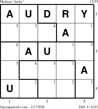 The grouppuzzles.com Medium Audry puzzle for Saturday January 17, 2026, suitable for printing, with all 4 steps marked
