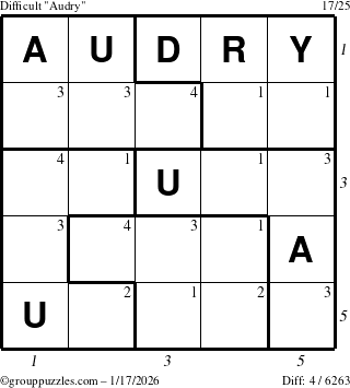 The grouppuzzles.com Difficult Audry puzzle for Saturday January 17, 2026 with all 4 steps marked